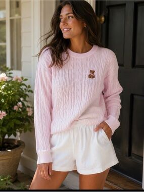 Urban weekend  Light Pink Cable Knit Sweater with Teddy Patch